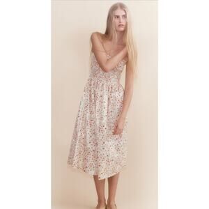 H&M Pink Peach Girly Ditsy Floral Smocked Poplin Midi Sun Dress Women's XL